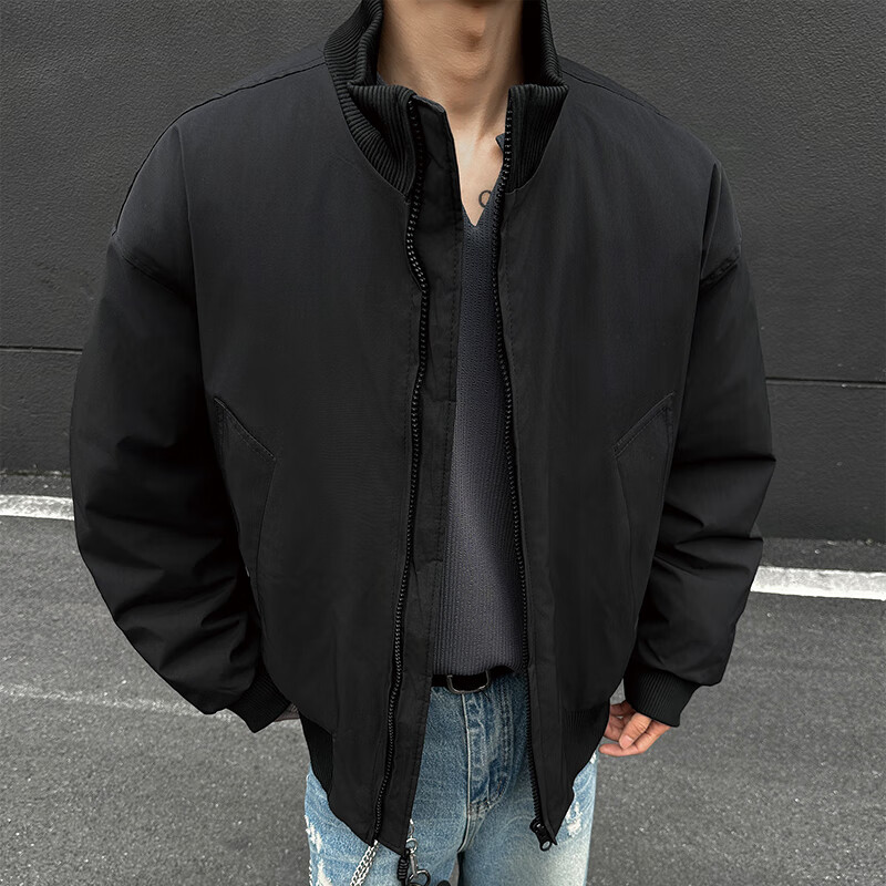 Homlean American retro flight jacket men's autumn and winter stand-up collar baseball uniform casual top coat HJ32 black cotton XL