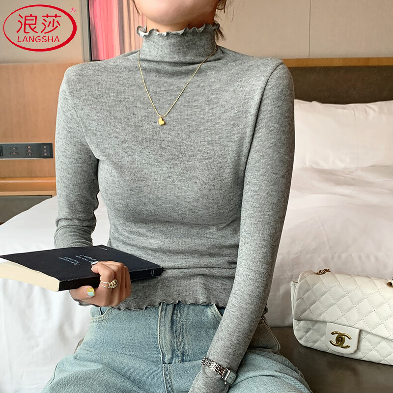Langsha ear-hemmed half-high collar bottoming shirt for women, autumn and winter 2025 new style, western style, slim-fitting sweater top that can be worn outside