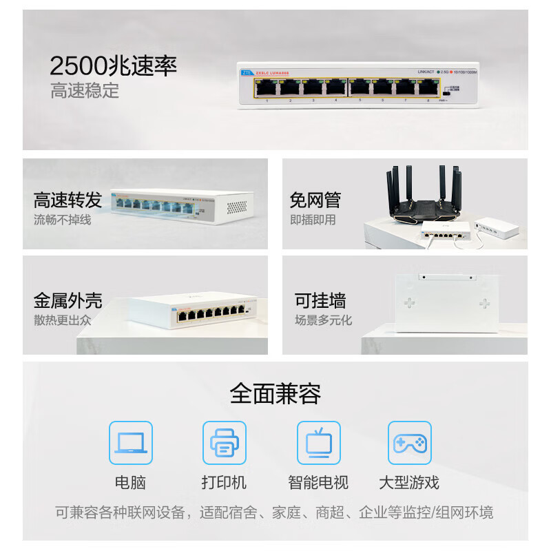 ZTE (ZTE) 8-port full 2.5G network port Ethernet switch enterprise-level switch monitoring network cable splitter splitter ZXSLC LUMA008 8-port full 2.5G metal shell + 1 meter Gigabit cleaning kit