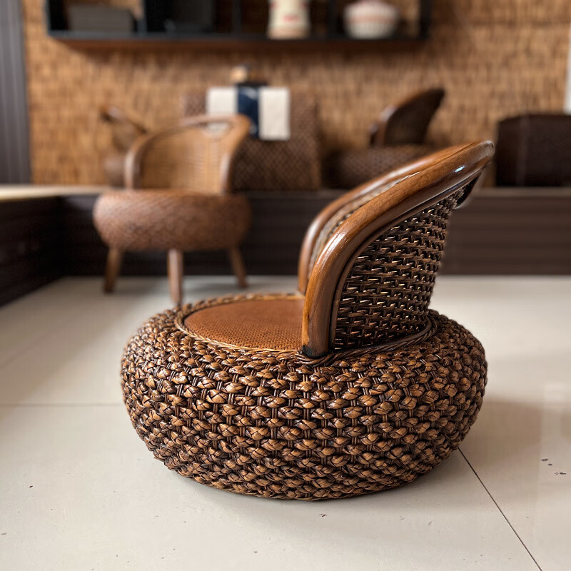 Shantou Lincun Rattan Rattan Chair Backrest Single Small Chair New Chinese Style Simple Balcony Home Living Room Coffee Table Tatami Low Stool Light Coffee (With Legs)