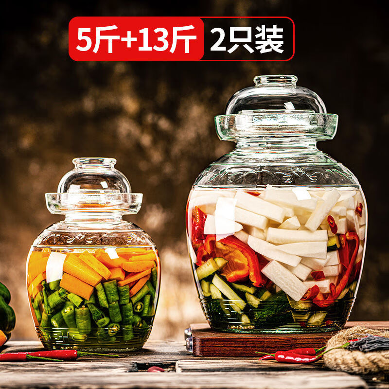 Tongnian pickle jar household glass thickened pickle jar pickle jar large sealed Sichuan pickle jar with lid 5 catties + 13 catties thickened new style