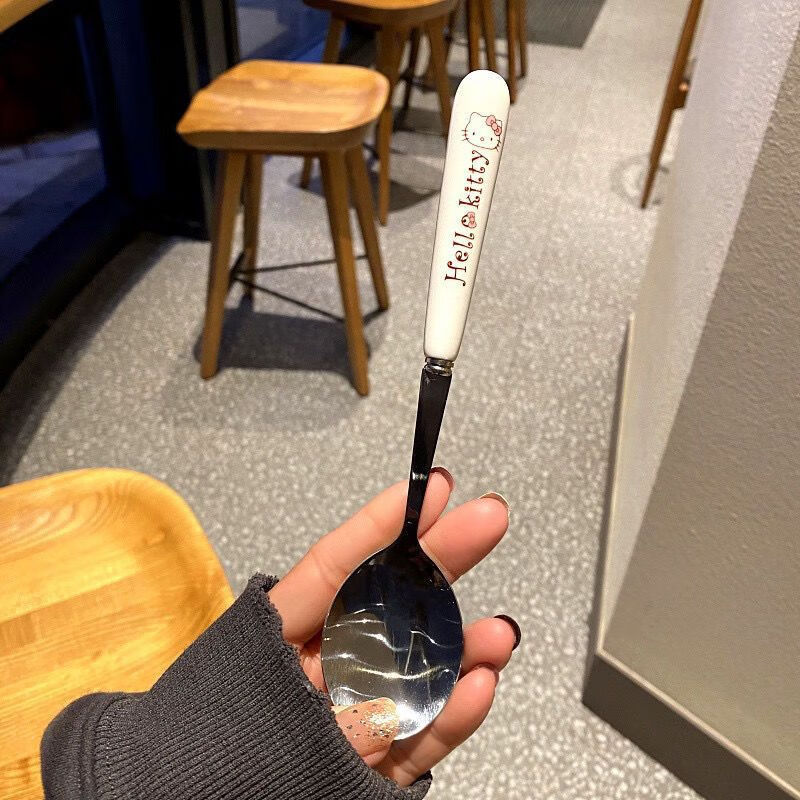 Complete Hello Kitty tableware set, stainless steel fork and spoon, student plastic handle, Hello Kitty chopsticks, KT cat spoon + chopsticks + fork (free box)