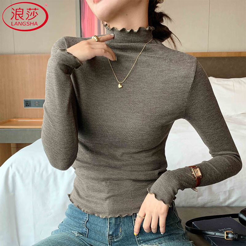 Langsha ear-hemmed half-high collar bottoming shirt for women, autumn and winter 2025 new style, western style, slim-fitting sweater top that can be worn outside