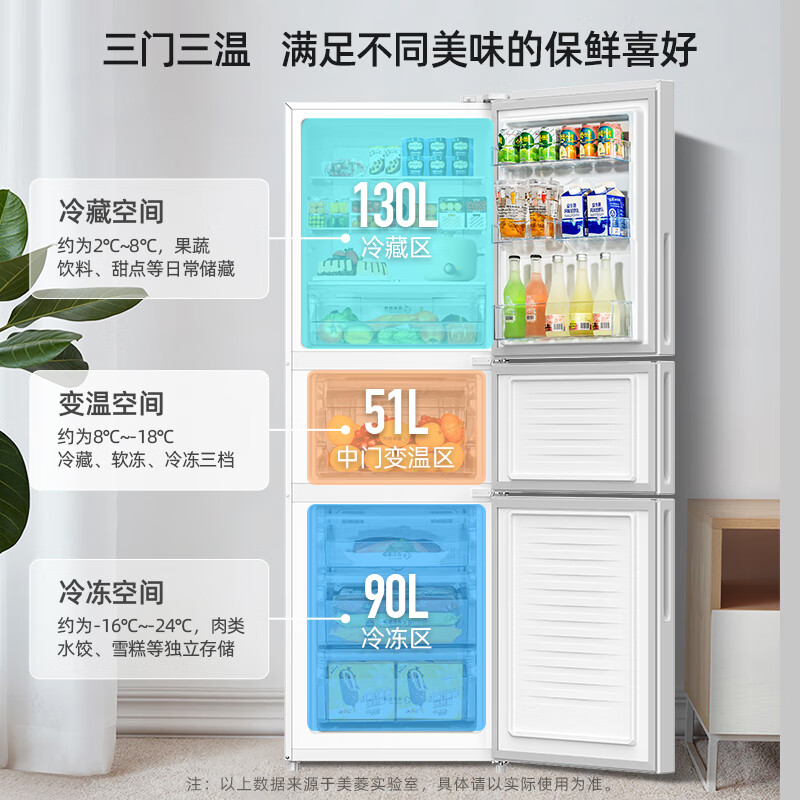 MeiLing Ion Purifier 271 liter three-door refrigerator household variable frequency first-level energy-saving power-saving wide temperature variable temperature air-cooled frost-free dormitory rental small apartment BCD-271WP3CX national subsidy