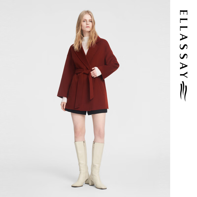 ELLASSAY autumn and winter new style sheep wool elegant temperament lace-up waist suit collar woolen coat for women EWB354D00500