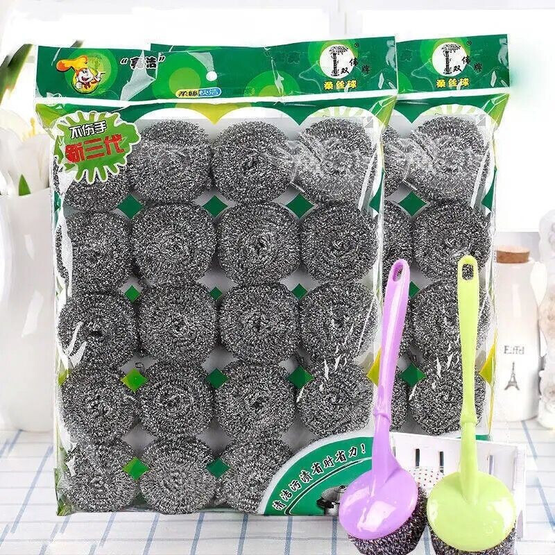 Sensitive stainless steel wire ball large size non-slag cleaning ball dishwashing and pot cleaning tool kitchen supplies with handle wholesale 10 pieces