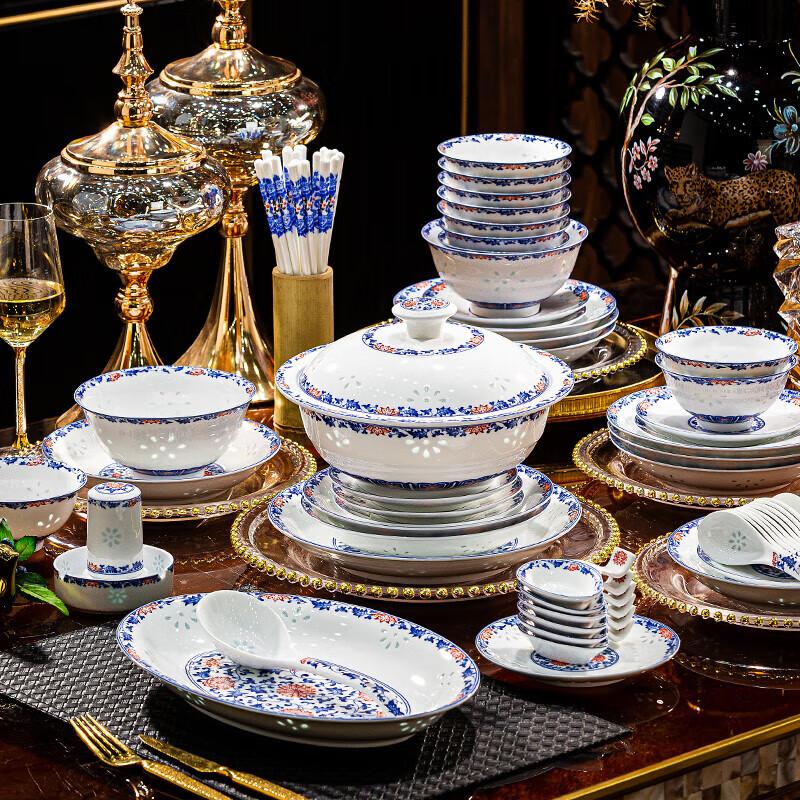 PUTU complete set of Jingdezhen blue and white exquisite porcelain underglaze color tableware and dishes set bowls and plates household housewarming gift 10-person blue and white exquisite underglaze red 68 pieces
