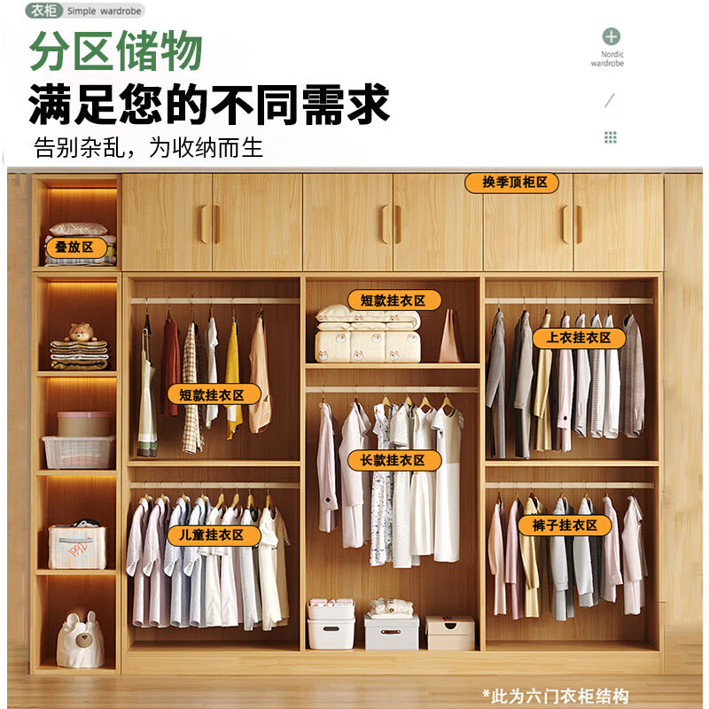 Fengnianlou free delivery 100% solid wood wardrobe bedroom flat door simple large wardrobe home storage cabinet real wood-1.6 meters four doors (160*60*200)