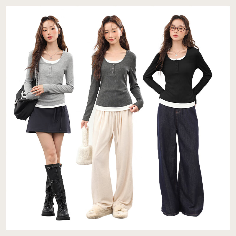 MJ STYLE contrasting fake two-piece long-sleeved T-shirt for women 2026 spring and autumn new Korean style slim fit right shoulder inner layering shirt