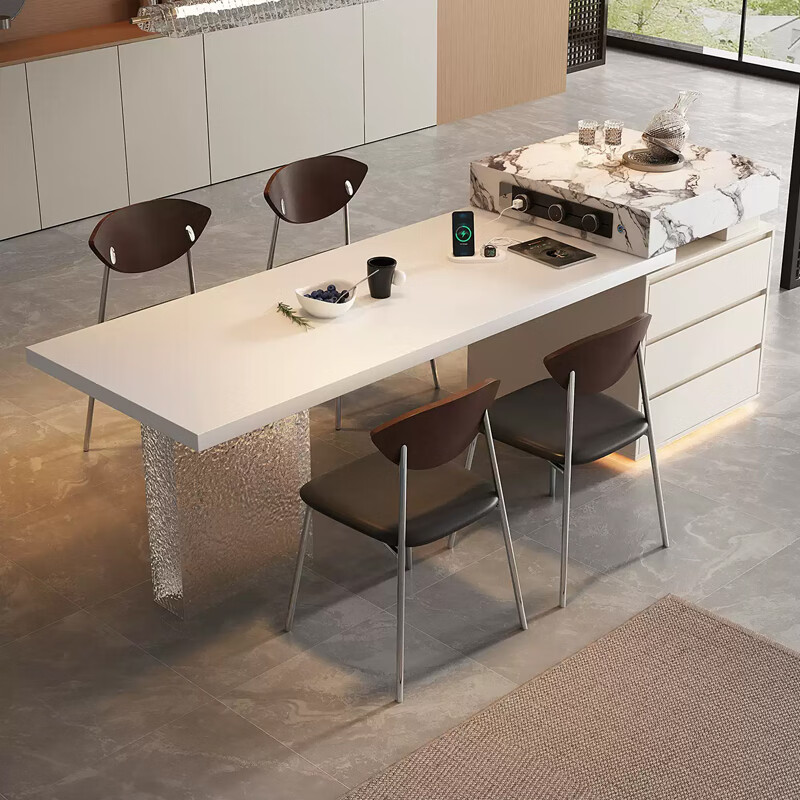 Maifang Baoge retro-style island dining table with integrated retractable high-end all-rock board home dining side cabinet kitchen guide table, induction cooker type + tea making type, island dining table + 4 chairs, one-legged 2m