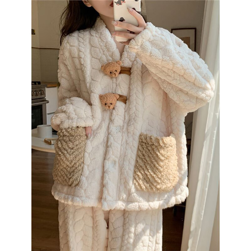 LangSha Coral Velvet Women's Pajamas Women's Plus Velvet Thickened Winter New Internet Celebrity Princess Warm Flannel Bear Home Clothes