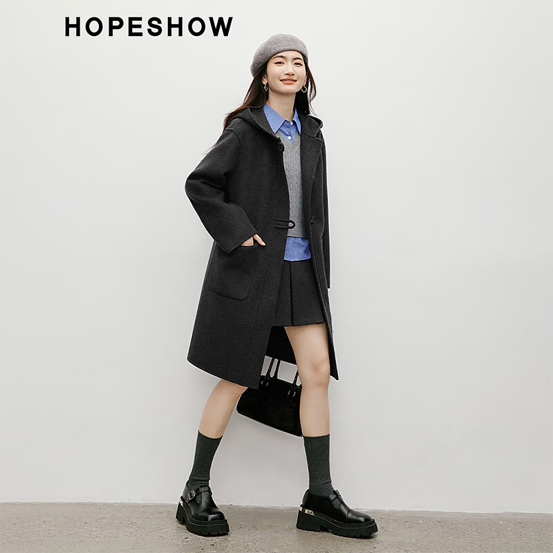 Red sleeve MIU college style woolen coat 2025 winter new women's hooded temperament mid-length double-sided woolen coat dark gray 080 M