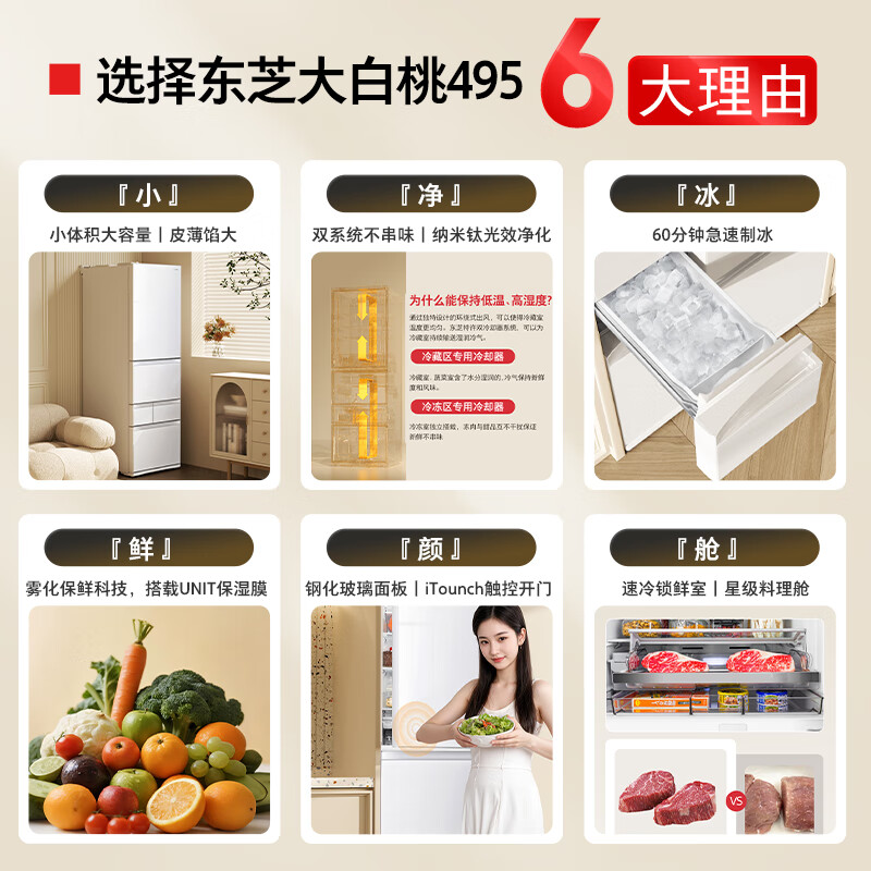 TOSHIBA Dabai Peach 471L five-door Japanese-style multi-door refrigerator 495 embedded dual-system automatic ice making first-level energy efficiency air-cooled GR-RM495WE-PG1B5 national subsidy