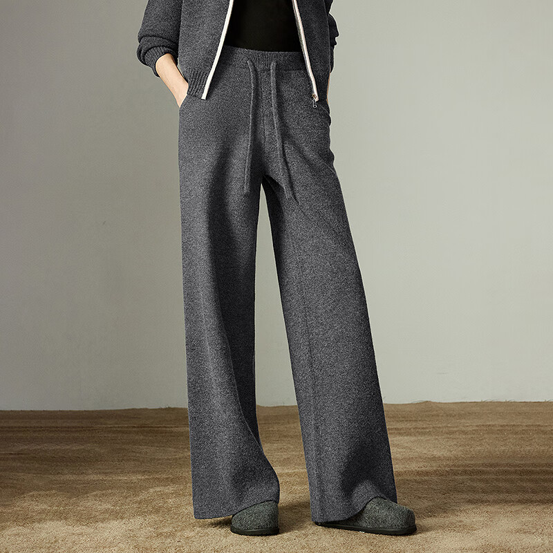 Chuyu Contrast Color Sweater Jacket Wide Leg Pants Women's 2025 Winter New Thick Sports Style Two-piece Suit Dark Gray M