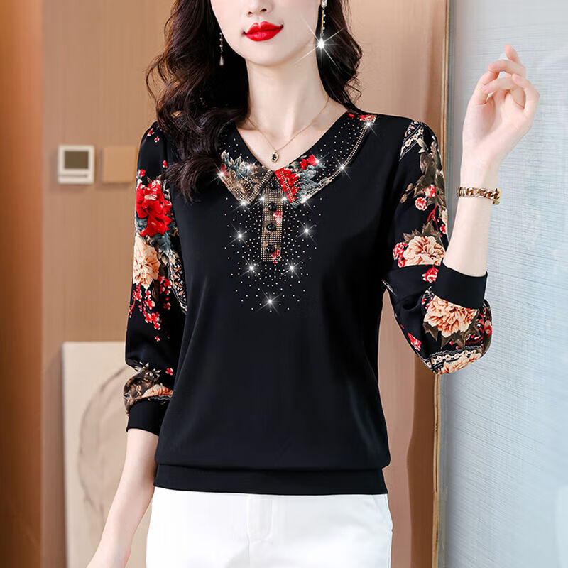 2025 DeRong Fabric Autumn and Winter Large Size Versatile Fashion Belly Covering Top Women's Hot Diamond Western Style T-Shirt Long Sleeve Bottoming Shirt Burgundy 4XL Recommended 160-175 catties