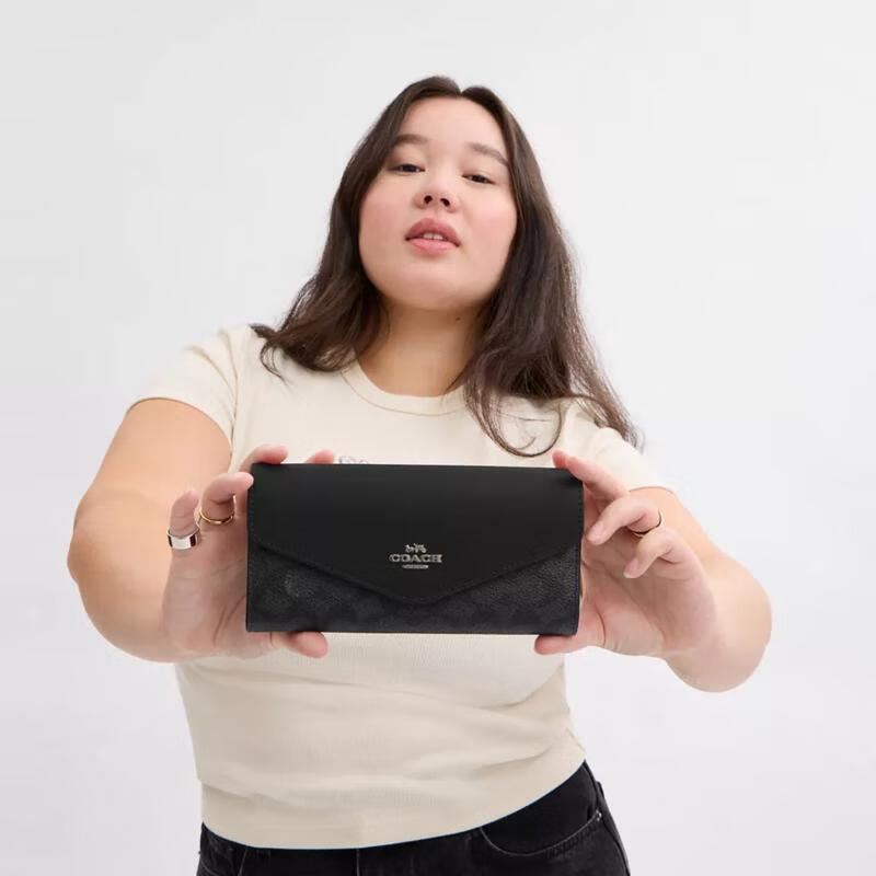 COACH Women's Long Wealth Cloth Multi-card Slot Storage Independent Coin Bag Snap Button Closure External Pocket Black Coated Canvas Charcoal/Black