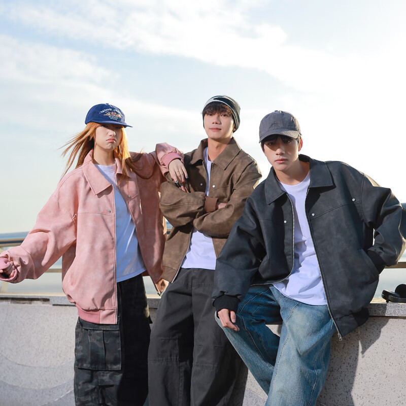 POUM American retro leather jacket men's autumn and winter casual trendy brand handsome motorcycle jacket FKS739 brown XL