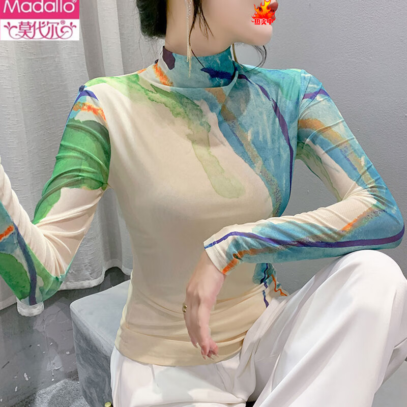 Modal European style printed mesh long-sleeved T-shirt women's turtleneck bottoming shirt autumn and winter slim-fitting and trendy age-reducing tops 0886# S