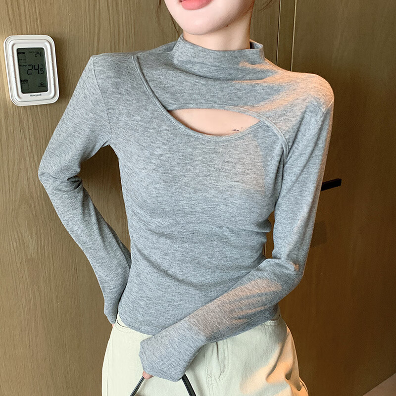 Langsha half turtleneck bottoming shirt for women, brushed inner wear, winter 2025 new style, high-end hollow long-sleeved T-shirt, pure desire top