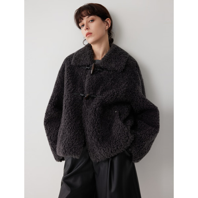 ELLE Sheep Wool Horn Button Plush Short Jacket Women 2025 Winter New New Year Retro Commuting Lamb Wool Top Dark Gray M
