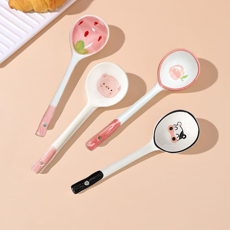 Ceramic cartoon long-handled spoon Internet celebrity spoon small spoon baby spoon drinking spoon underglaze color spoon random Internet celebrity spoon (different colors) 4 pieces