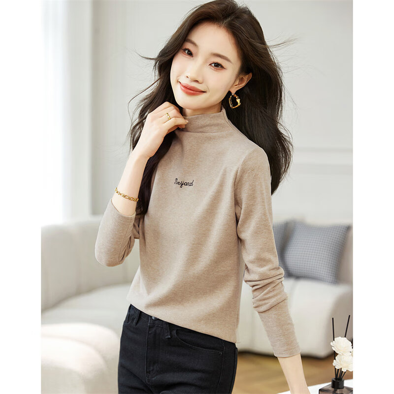 Shangjing Korean style trendy bottoming shirt winter letter embroidery simple stand-up collar top