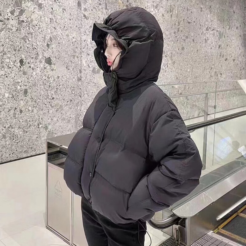 Flower bud temperament suit for women 2025 winter loose hooded thickened short bread suit black S 90-120 catties
