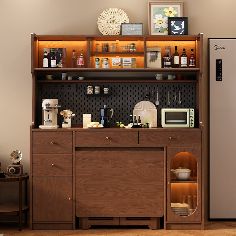 Senneng solid wood sideboard, mid-century style sideboard, integrated dining table, wall-mounted small household storage cabinet, solid wood tea cabinet, 1.6m sideboard + 1.7m dining table + dining chairs*2