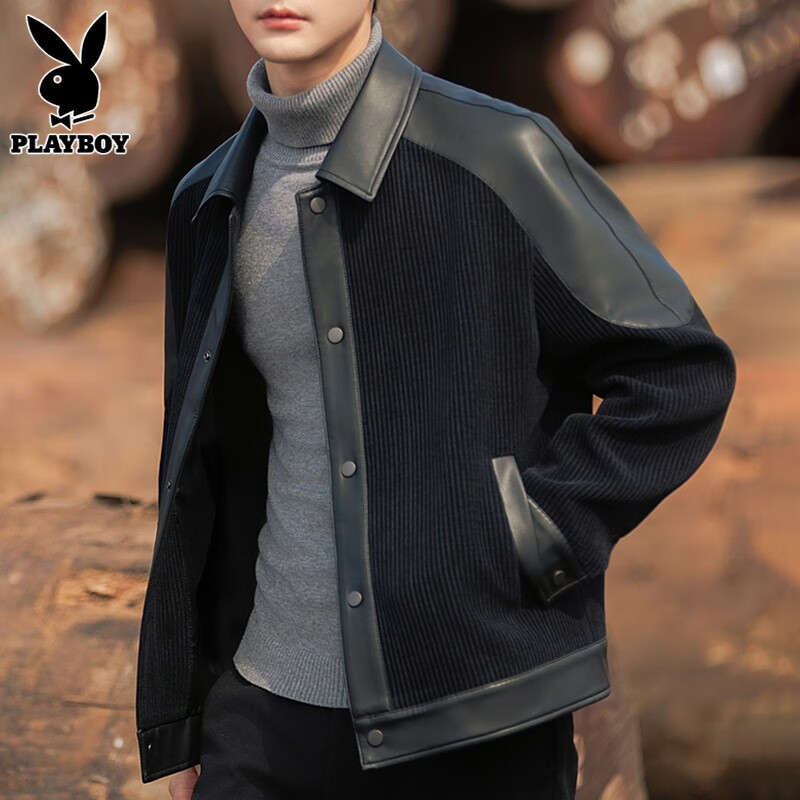 Playboy (PLAYBOY) Lapel Jacket Men's Autumn Trendy Handsome Loose Spliced Leather Jacket Men's Spring and Autumn Style 3076 Black XL