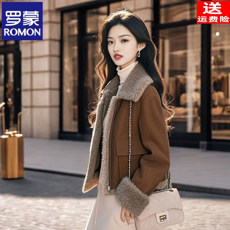 ROMON's popular hot style this year, unique and super good-looking, warm brown fur all-in-one lamb velvet thick coat for women in autumn and winter, brown leather, classic style S, recommended 80-100 pounds