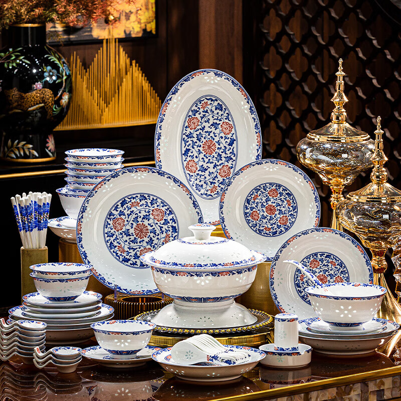 PUTU complete set of Jingdezhen blue and white exquisite porcelain underglaze color tableware and dishes set bowls and plates household housewarming gift 10-person blue and white exquisite underglaze red 68 pieces