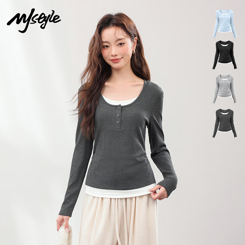 MJ STYLE contrasting fake two-piece long-sleeved T-shirt for women 2026 spring and autumn new Korean style slim fit right shoulder inner layering shirt