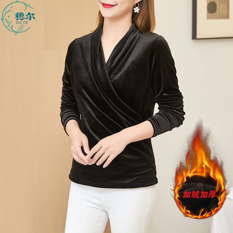 Black V-neck autumn top for women, slim waisted long-sleeved gold velvet European style fashionable European station T-shirt for women blue velvet thickened 2XL recommended 135-150 catties