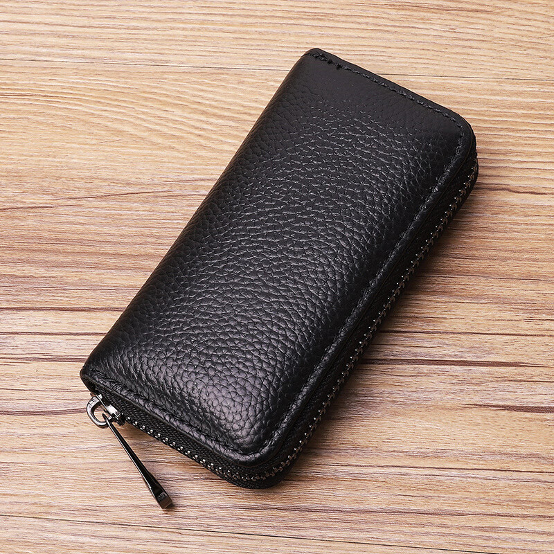 Shijanu genuine leather simple zipper bag black with hanging buckle (single row keychain)