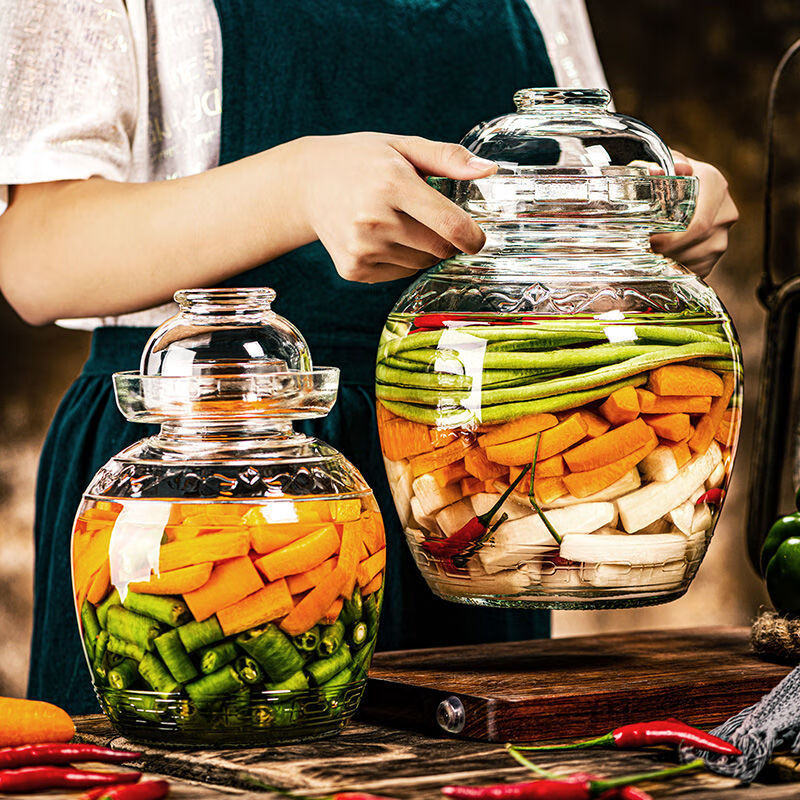 Tongnian pickle jar household glass thickened pickle jar pickle jar large sealed Sichuan pickle jar with lid 5 catties + 13 catties thickened new style