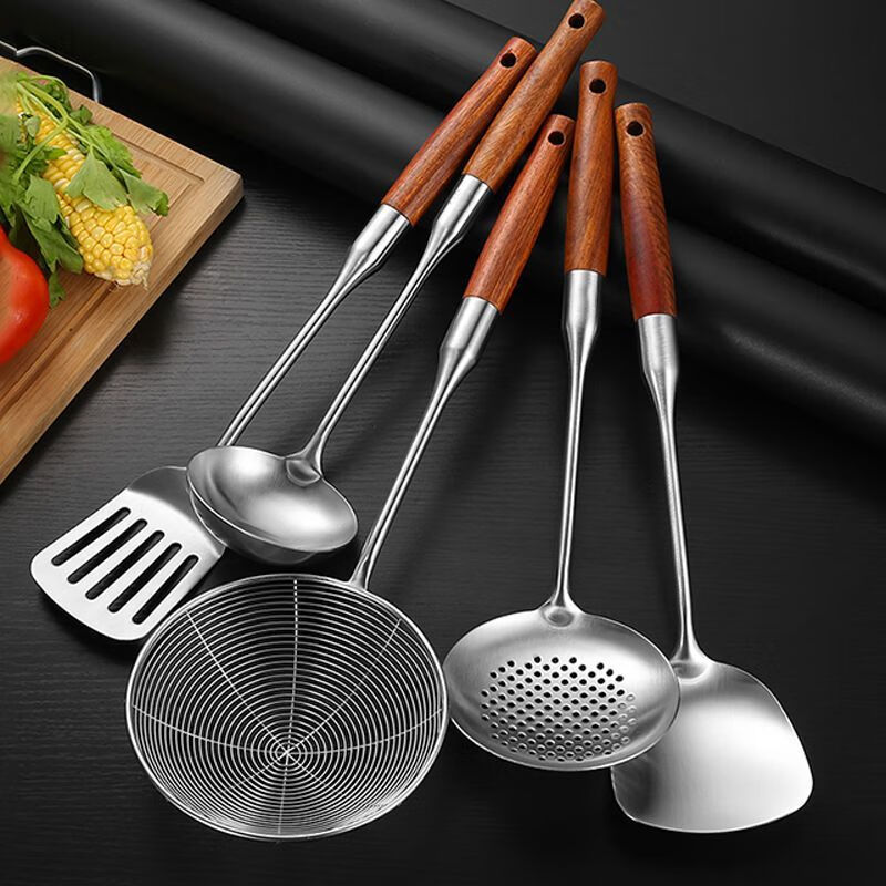 Muke thickened 304 stainless steel spatula solid wood handle household kitchen utensils cooking shovel soup spoon frying spoon combination set six-piece set including kitchen utensil rack