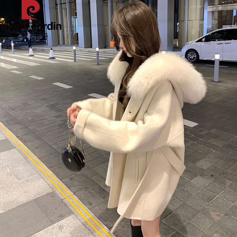 Pierre Cardin white double-sided cape coat for women 2025 new autumn and winter small thick short woolen coat white L 115 catties-130 catties