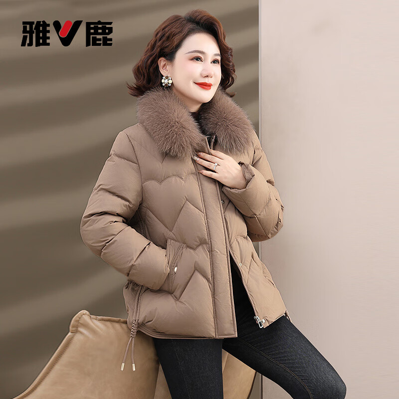 Yalu mommy warm down jacket middle-aged and elderly women fox fur collar luxury coat khaki 175