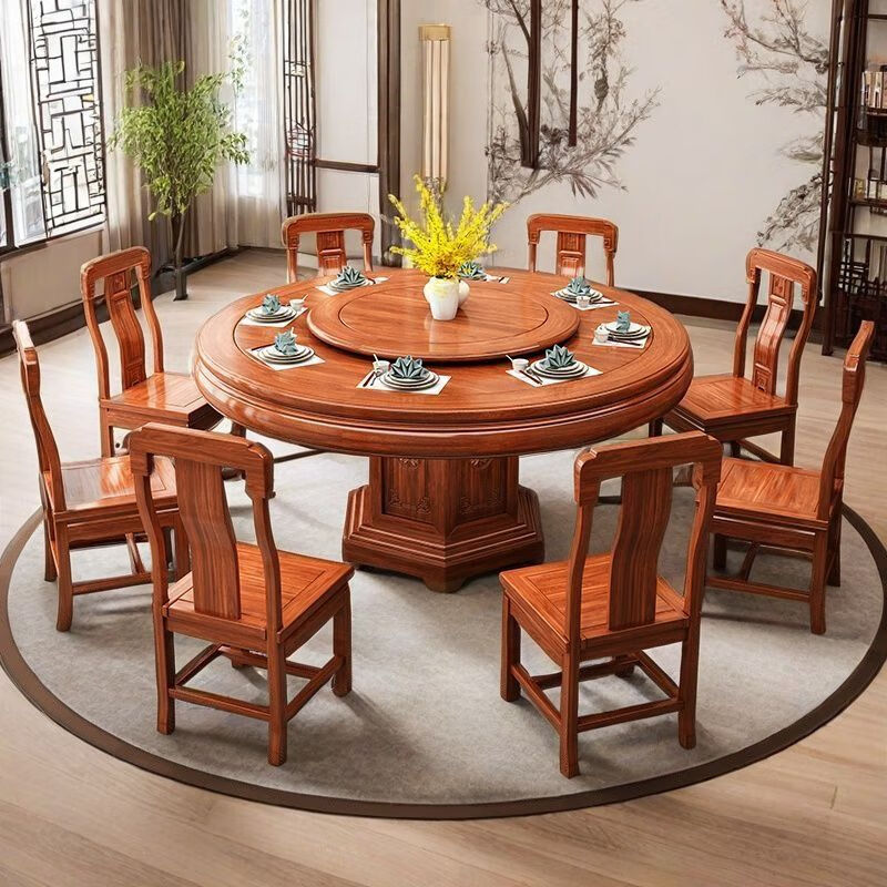 Luxury Craftsman Core antique carved Chinese golden pear wood living room dining table and chair combination 1.8m 2m with turntable dining table Z918 1.8m table 10 chairs (120CM turntable + with large and small glass) standard version golden rosewood