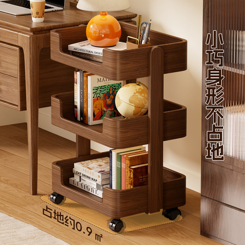 Lin's boy all solid wood mobile storage rack floor-standing bookshelf living room wheeled trolley household snack rack multi-layer storage rack walnut color three-layer imported solid wood