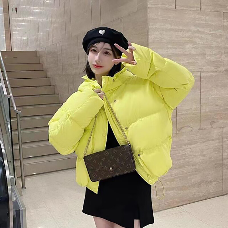 Flower bud temperament suit for women 2025 winter loose hooded thickened short bread suit black S 90-120 catties