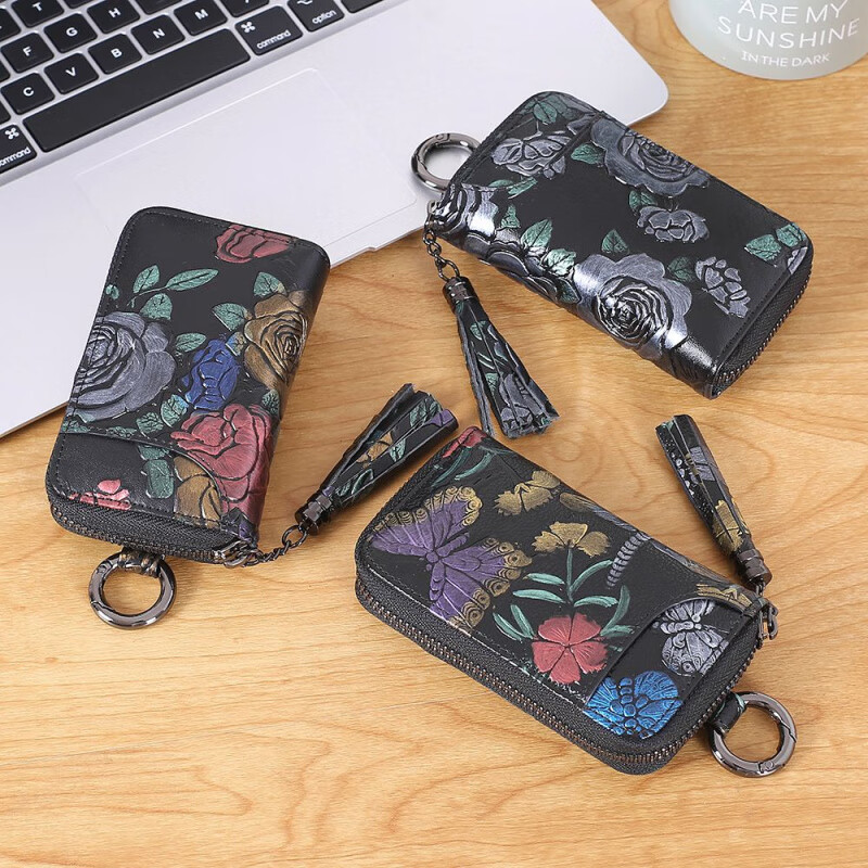 Ye Yu Key Bag Women's Genuine Leather Large Capacity Ethnic Style Painted Card Holder All-in-One Multi-Function Coin Purse Exquisite Small Cowhide Gold Rose