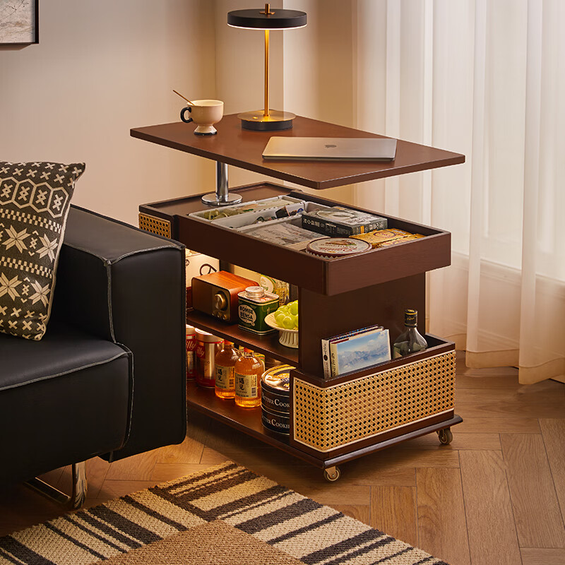 Ruifan solid wood movable coffee table, sofa, side table, liftable side cabinet, small apartment side table, living room, multi-functional trolley