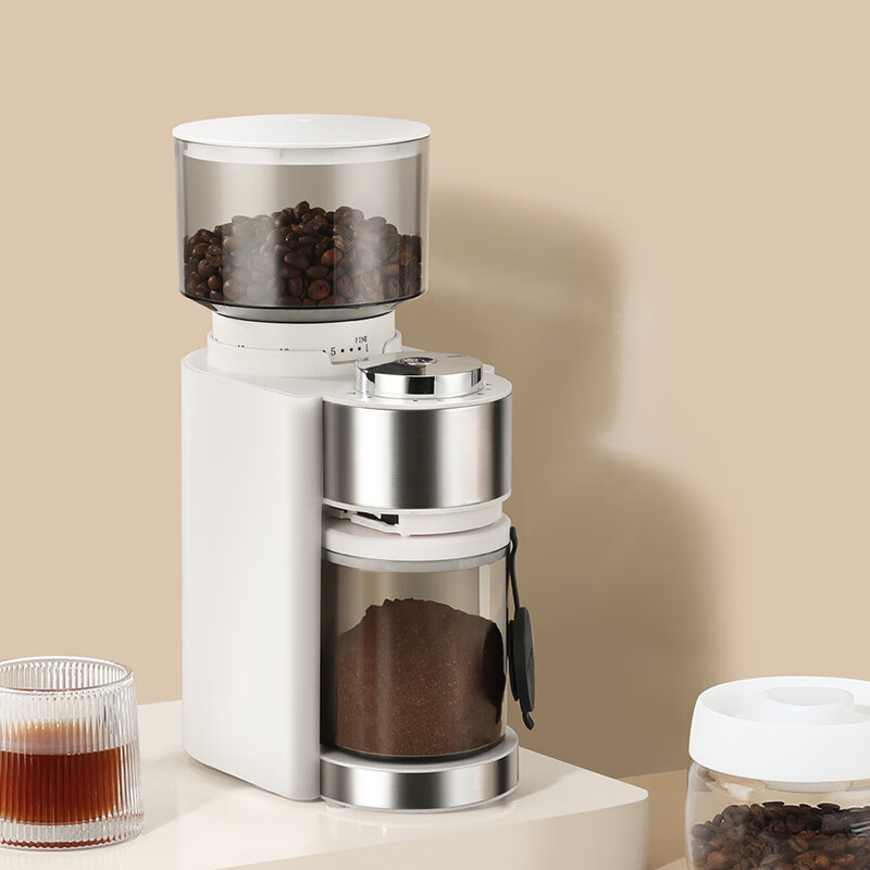 Japanese electric bean grinder coffee bean grinder fully automatic coffee machine small household coffee grinder cream white - 25-level adjustment, suitable for 51/53mm