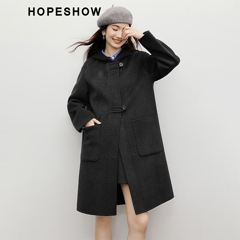 Red sleeve MIU college style woolen coat 2025 winter new women's hooded temperament mid-length double-sided woolen coat dark gray 080 M