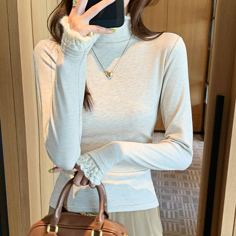 Langsha patchwork lace half turtleneck bottoming shirt for women in autumn and winter 2025 new brushed slim fit warm top