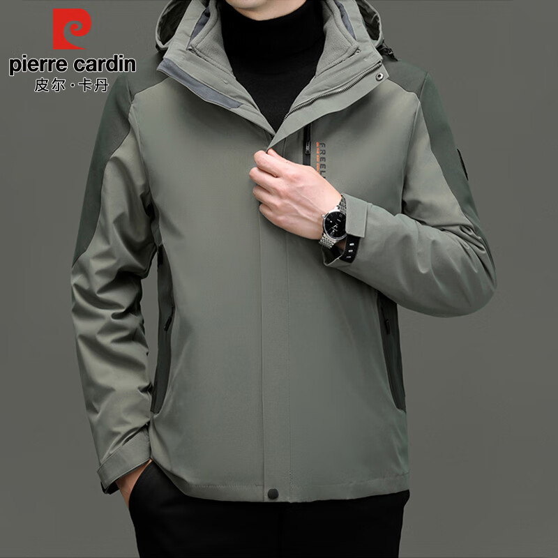 Pierre Cardin Soft Shell Jacket Men's Jacket Three-in-One Jacket Autumn and Winter Outdoor Mountaineering Wear Men's Military Green 2XL