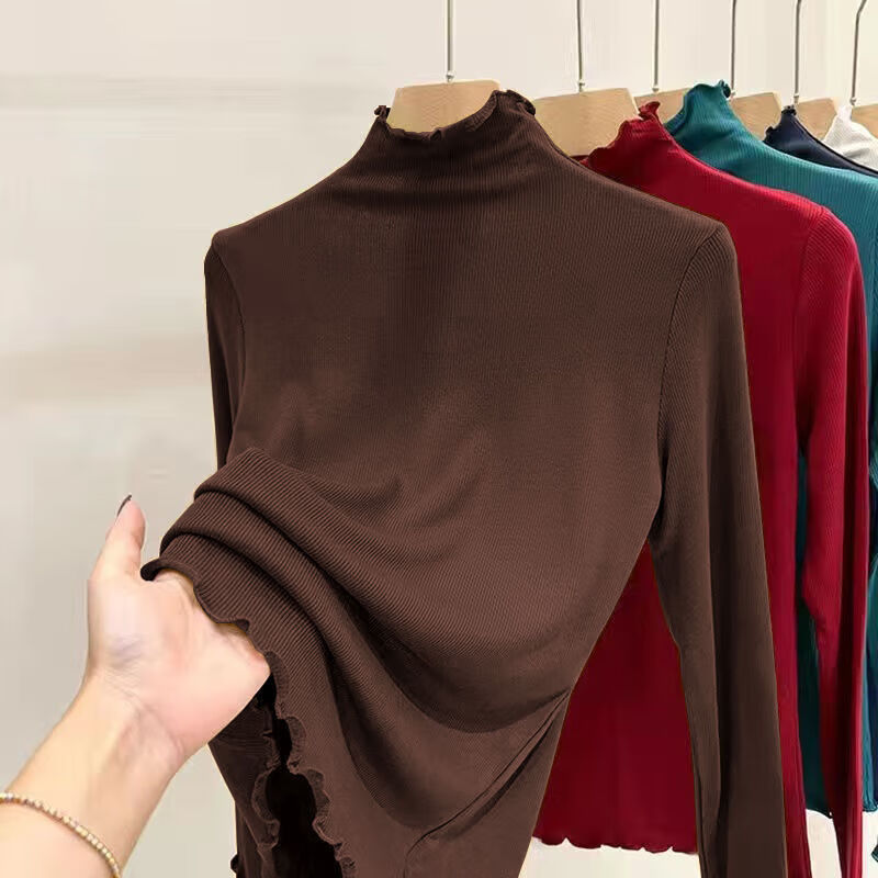 Threaded half-turtle collar bottoming shirt for women, 2025 autumn and winter slim-fit fungus long-sleeved T-shirt for women, can be worn outside 1000-ginger yellow L recommended 95-105 pounds