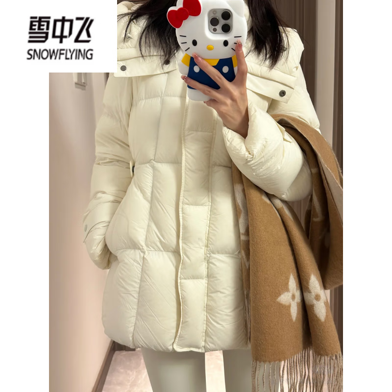 Snow Flying (SNOWFLYING) 2025 winter new temperament waist down jacket women's slim slim hooded thickened mid-length white duck down jacket temperament black M suitable for 110-130 pounds