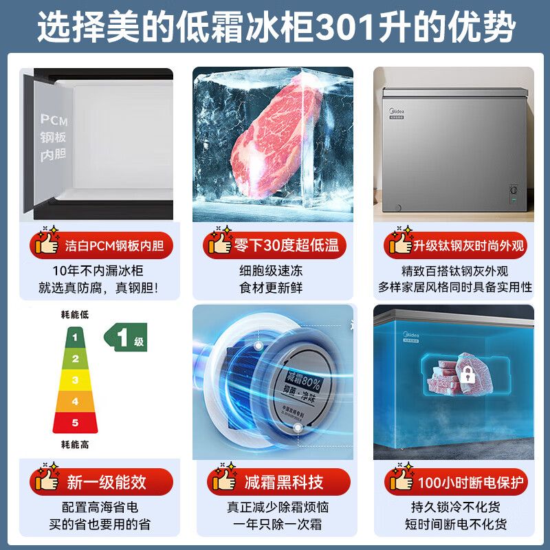 Midea 300 liters or above freezer household small freezer large capacity freezer commercial - 40 degree seafood special cabinet cryogenic quick freezer single temperature horizontal tea refrigerator freezer 301 liters automatic defrost first level energy efficiency -30 quick freezing